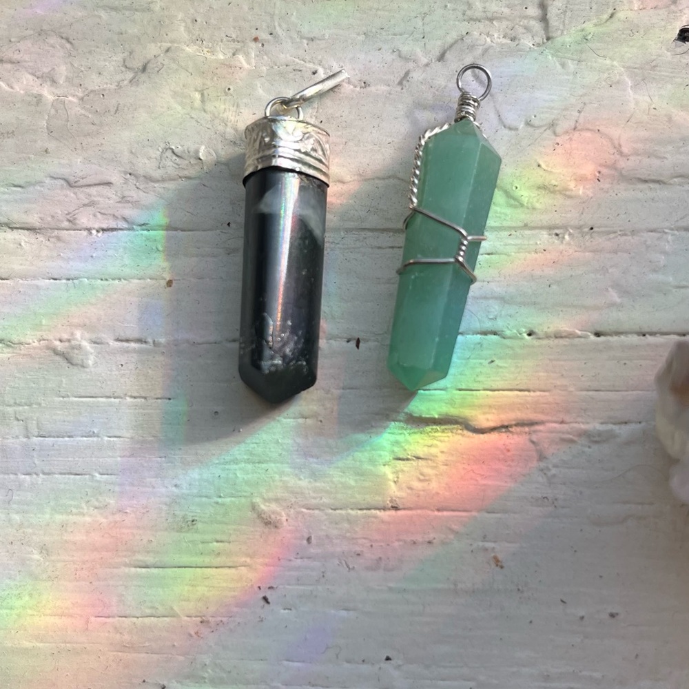 Elegant Silver Obsidian and Jade Pendant Duo | necklace